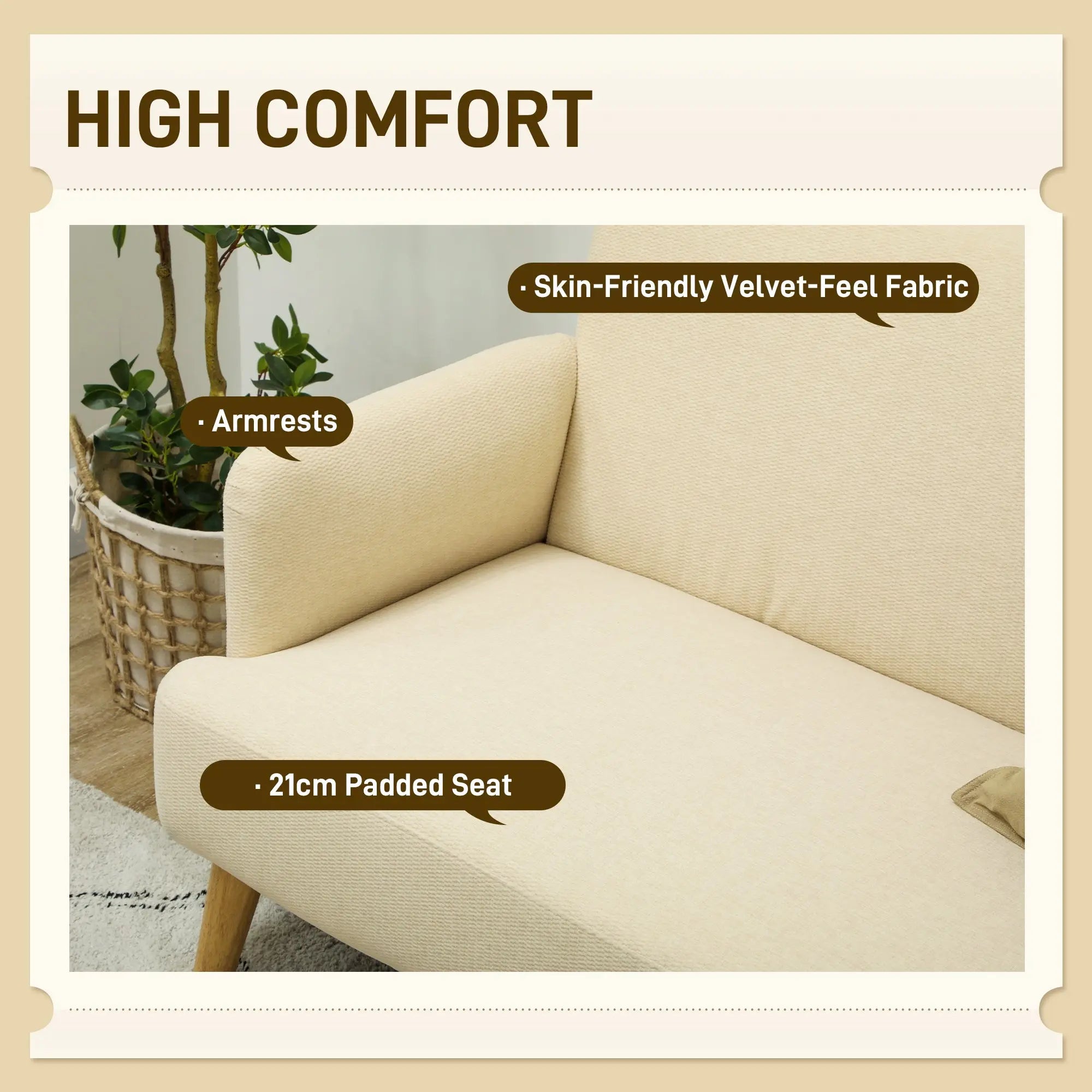 HOMCOM Velvet Feel Fabric 2 Seater Sofa, Small Sofa Loveseat with 21cm Thick Padding and Wood Legs, Cream White 