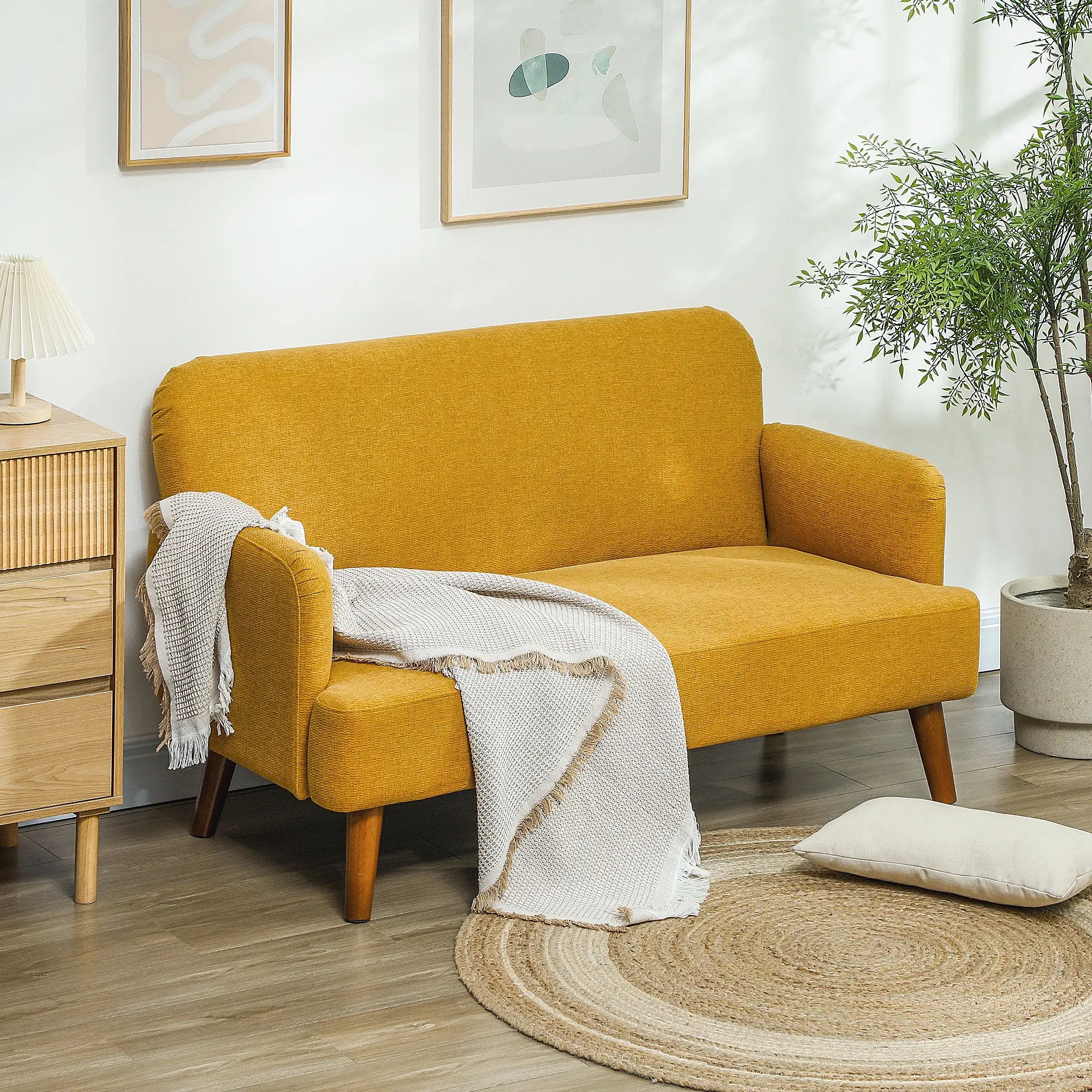 HOMCOM Velvet Feel Fabric 2 Seater Sofa, Small Sofa Loveseat with 21cm Thick Padding and Wood Legs, Yellow 