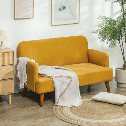 HOMCOM Velvet Feel Fabric 2 Seater Sofa, Small Sofa Loveseat with 21cm Thick Padding and Wood Legs, Yellow 