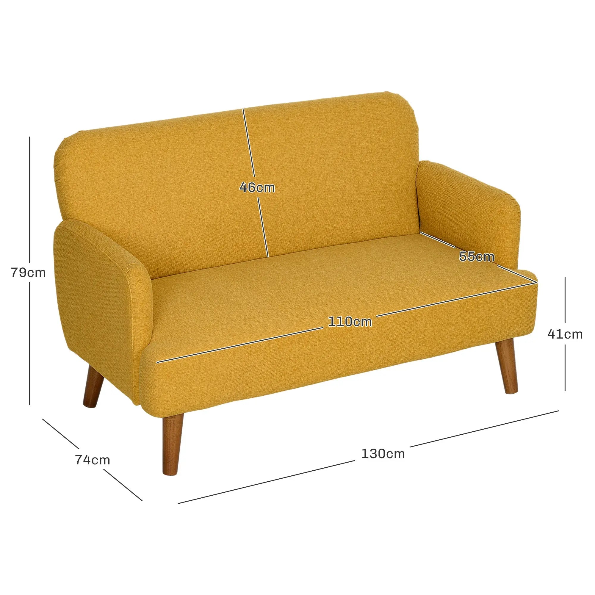 HOMCOM Velvet Feel Fabric 2 Seater Sofa, Small Sofa Loveseat with 21cm Thick Padding and Wood Legs, Yellow 