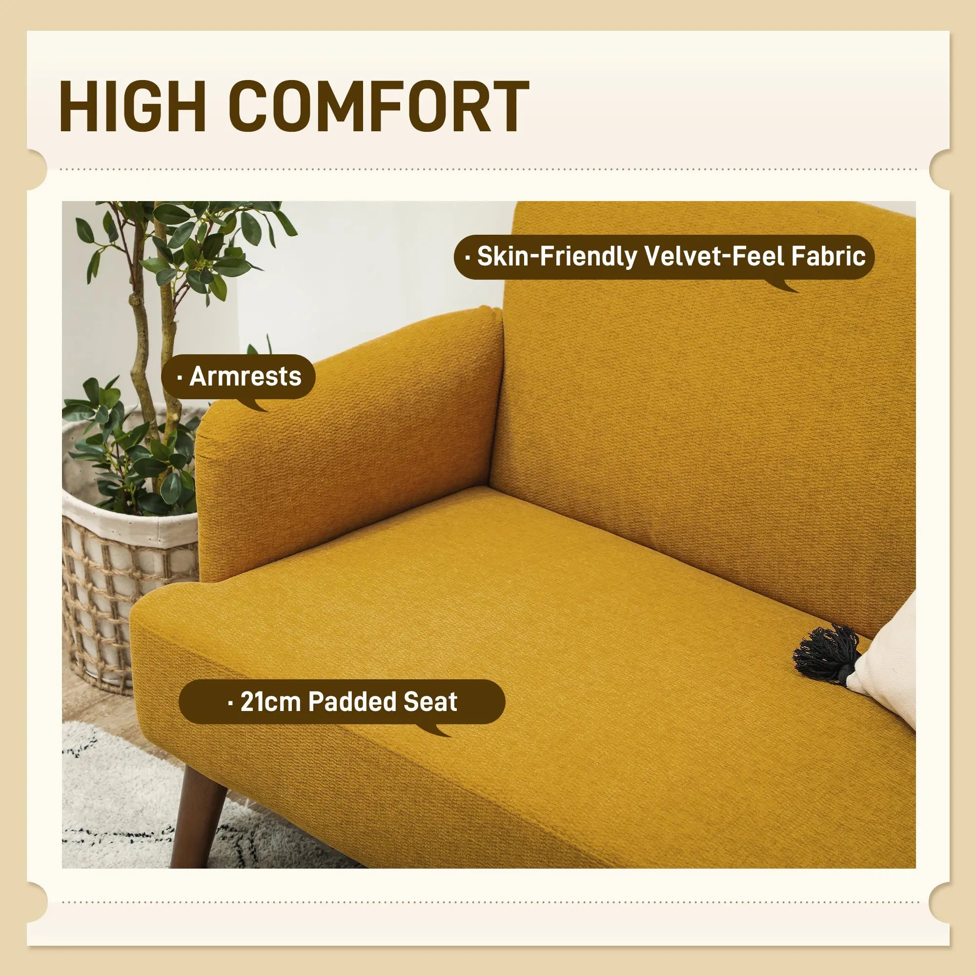 HOMCOM Velvet Feel Fabric 2 Seater Sofa, Small Sofa Loveseat with 21cm Thick Padding and Wood Legs, Yellow 