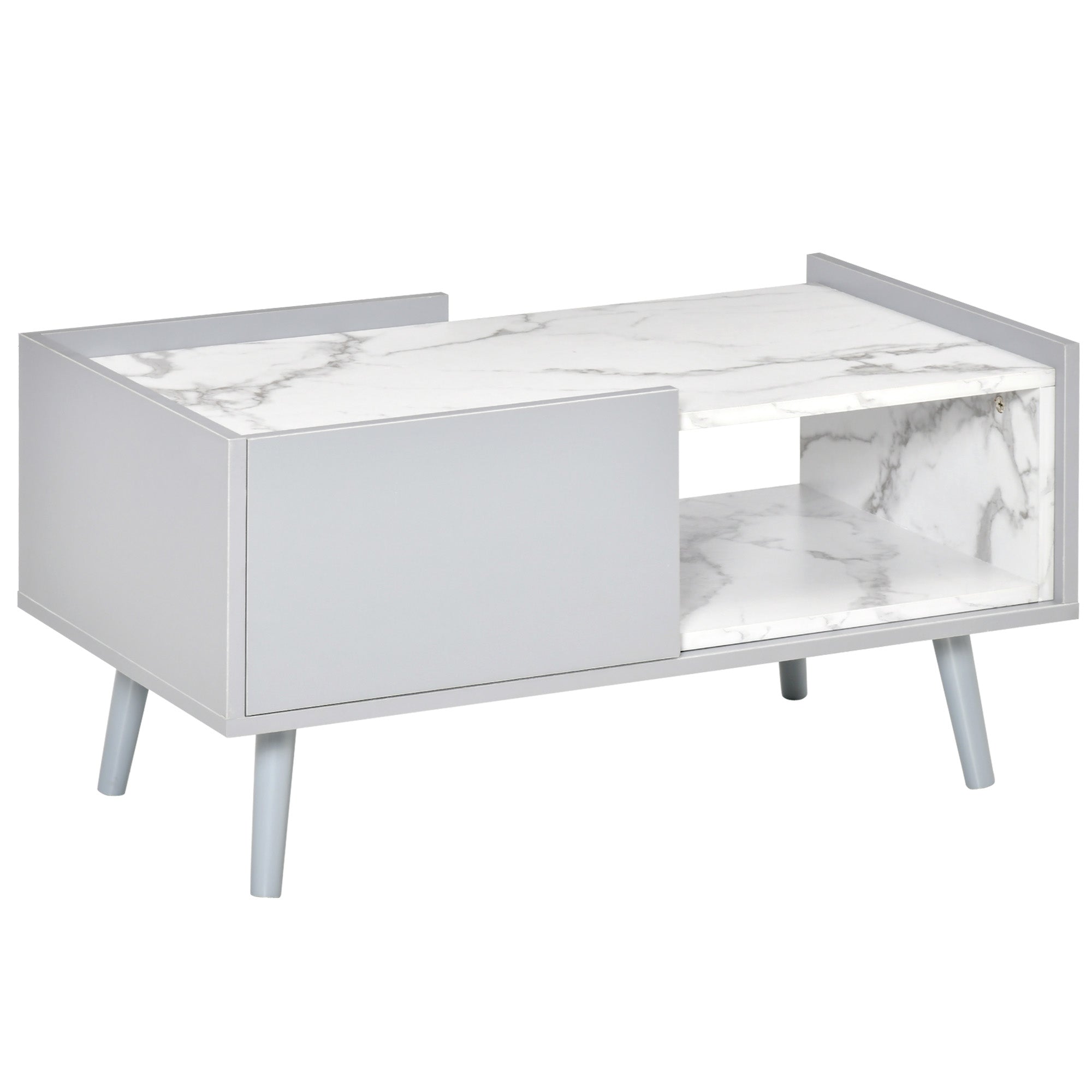 HOMCOM White Coffee Table with Faux Marble Top, 2-Tier Wood Center Table Sofa Table with Storage Drawer and Shelf for Home Living Room Reception Room 