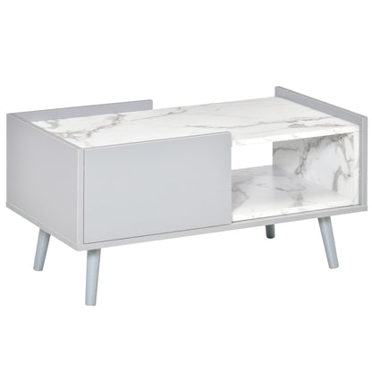 HOMCOM White Coffee Table with Faux Marble Top, 2-Tier Wood Center Table Sofa Table with Storage Drawer and Shelf for Home Living Room Reception Room 