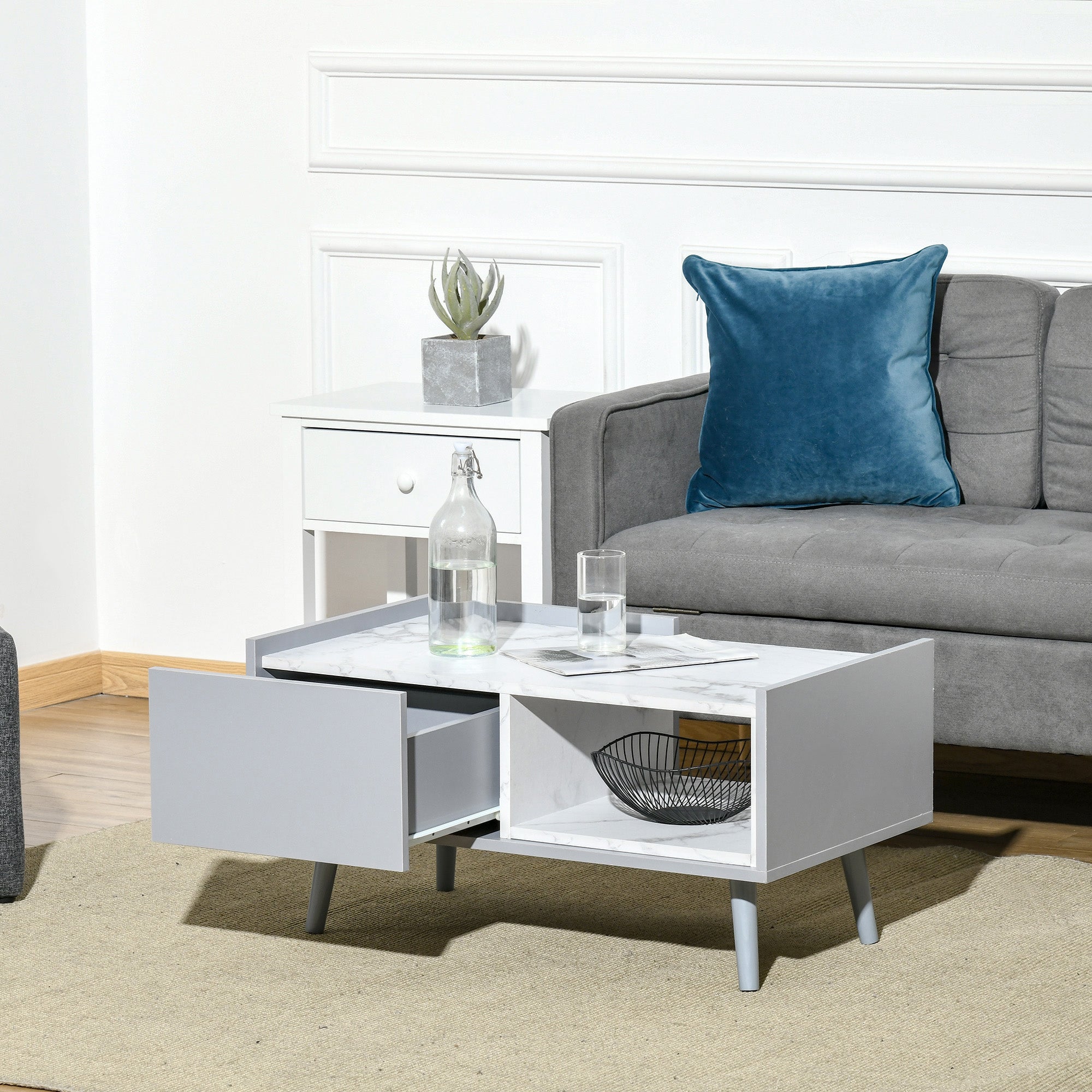 HOMCOM White Coffee Table with Faux Marble Top, 2-Tier Wood Center Table Sofa Table with Storage Drawer and Shelf for Home Living Room Reception Room 