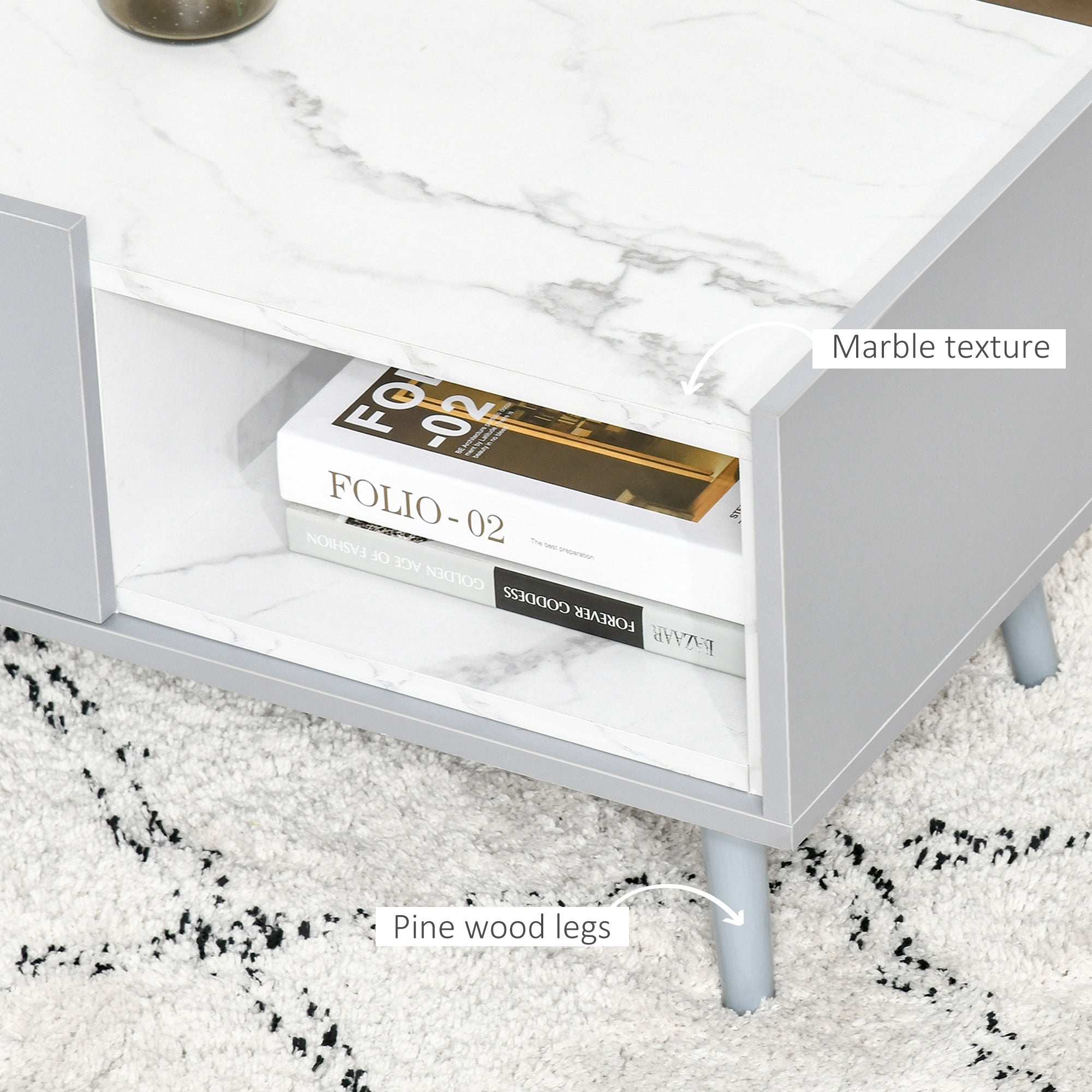 HOMCOM White Coffee Table with Faux Marble Top, 2-Tier Wood Center Table Sofa Table with Storage Drawer and Shelf for Home Living Room Reception Room 