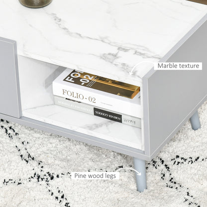 HOMCOM White Coffee Table with Faux Marble Top, 2-Tier Wood Center Table Sofa Table with Storage Drawer and Shelf for Home Living Room Reception Room 