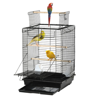 PawHut Steel Bird Cage with Openable Top, Stand, Tray, Handles, Feeding Bowls for Parakeet, Finch - Black 