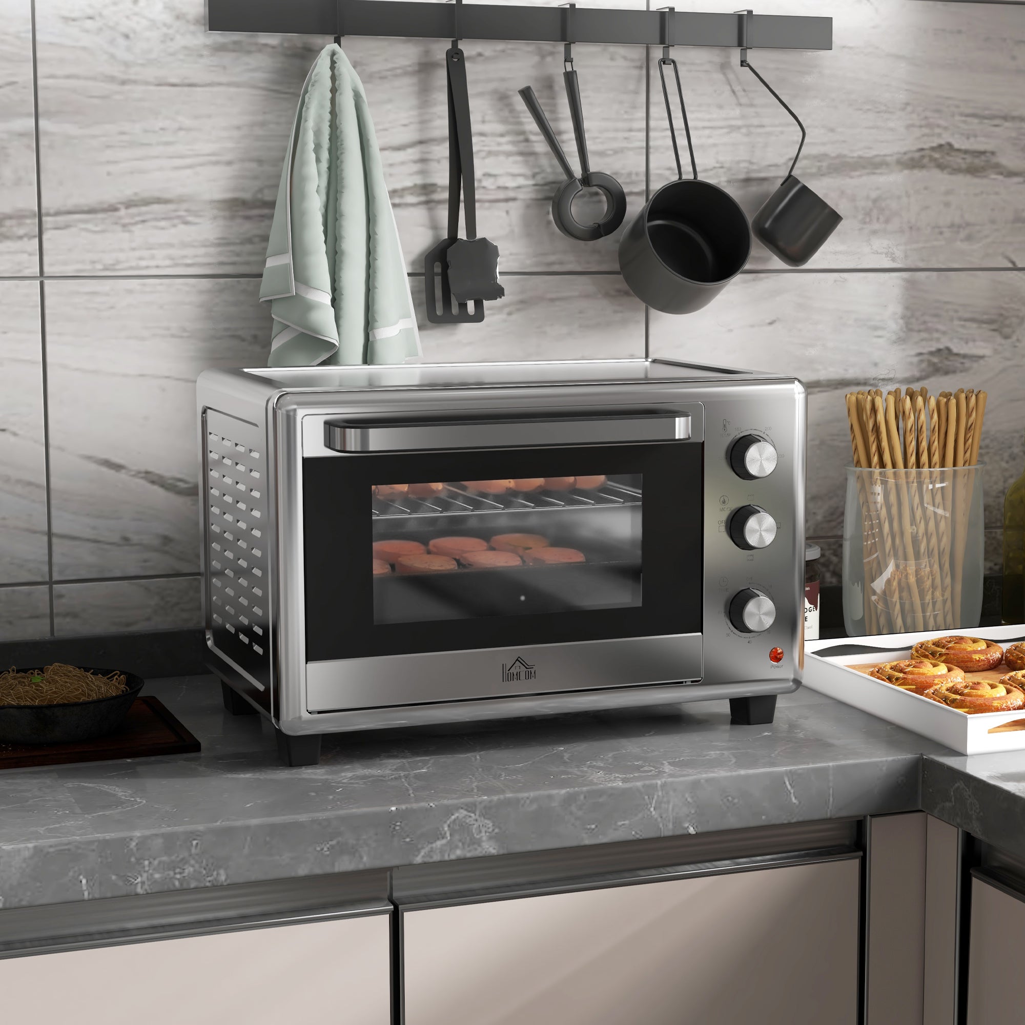 HOMCOM 30L 60-230\'e2\'84\'83 Mini Electric Oven, with Accessories - Silver Tone