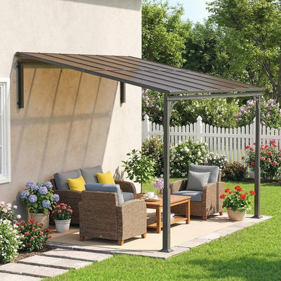 Outsunny 3.4 x 3 m Metal Lean-to Pergola, Wall-Mounted Garden Pergola with Polycarbonate Roof and Metal-Aluminium Frame, Heavy Duty Hardtop Gazebo for Outdoor Patios, BBQ, Brown 
