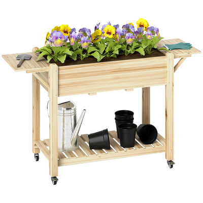 Outsunny Raised Garden Bed, Wooden Elevated Planter Box with Lockable Wheels, Side Tables and Bottom Shelf, Outdoor Planter with Liner and Drainage Holes for Vegetables, Flowers, Fruits, Natural 