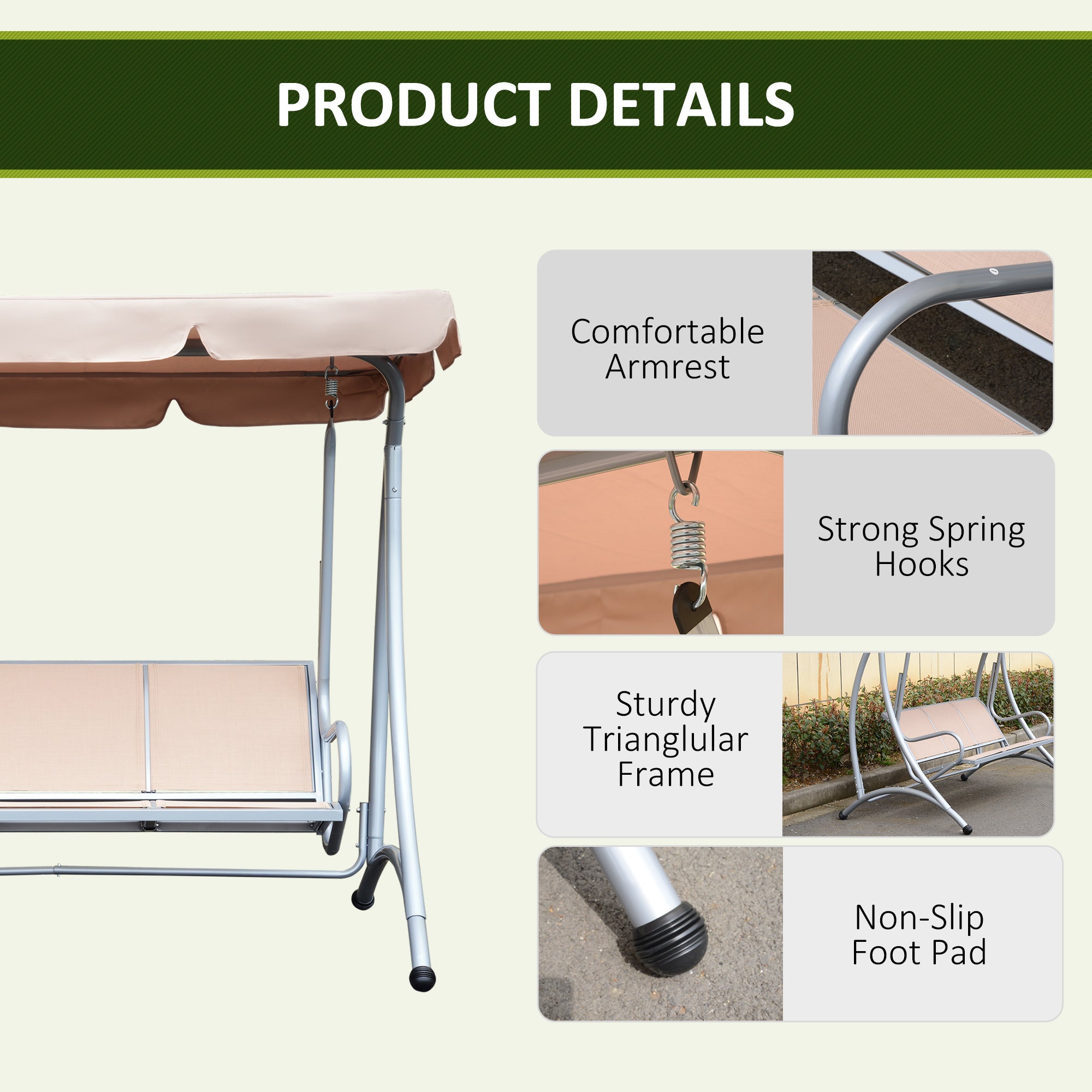 Outsunny 3 Seater Garden Swing Seat Bench Steel Swing Chair with Adjustable Canopy for Outdoor Patio Porch - Beige 