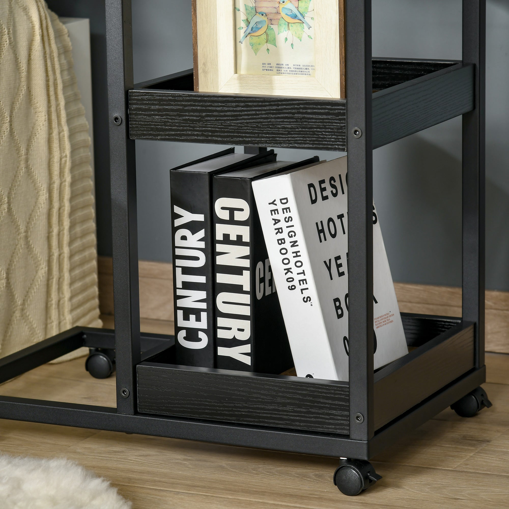 HOMCOM Mobile Sofa Side Table Set of 2, Industrial C-Shaped Rolling Couch Table with 3-Tier Storage Shelving Four Lockable Wheels Steel Frame, Dark Brown