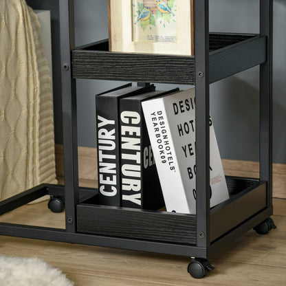 HOMCOM Mobile Sofa Side Table Set of 2, Industrial C-Shaped Rolling Couch Table with 3-Tier Storage Shelving Four Lockable Wheels Steel Frame, Dark Brown