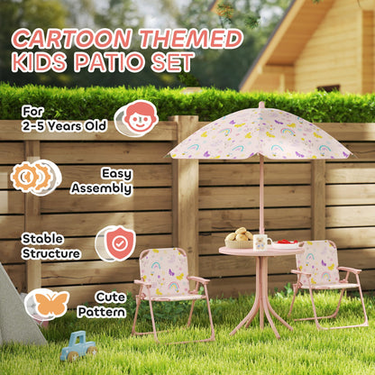 AIYAPLAY 4 Pieces Kids Garden Table and Chair Set with Adjustable Parasol, Folding Chairs, Table, Rainbow Pattern, Pink 