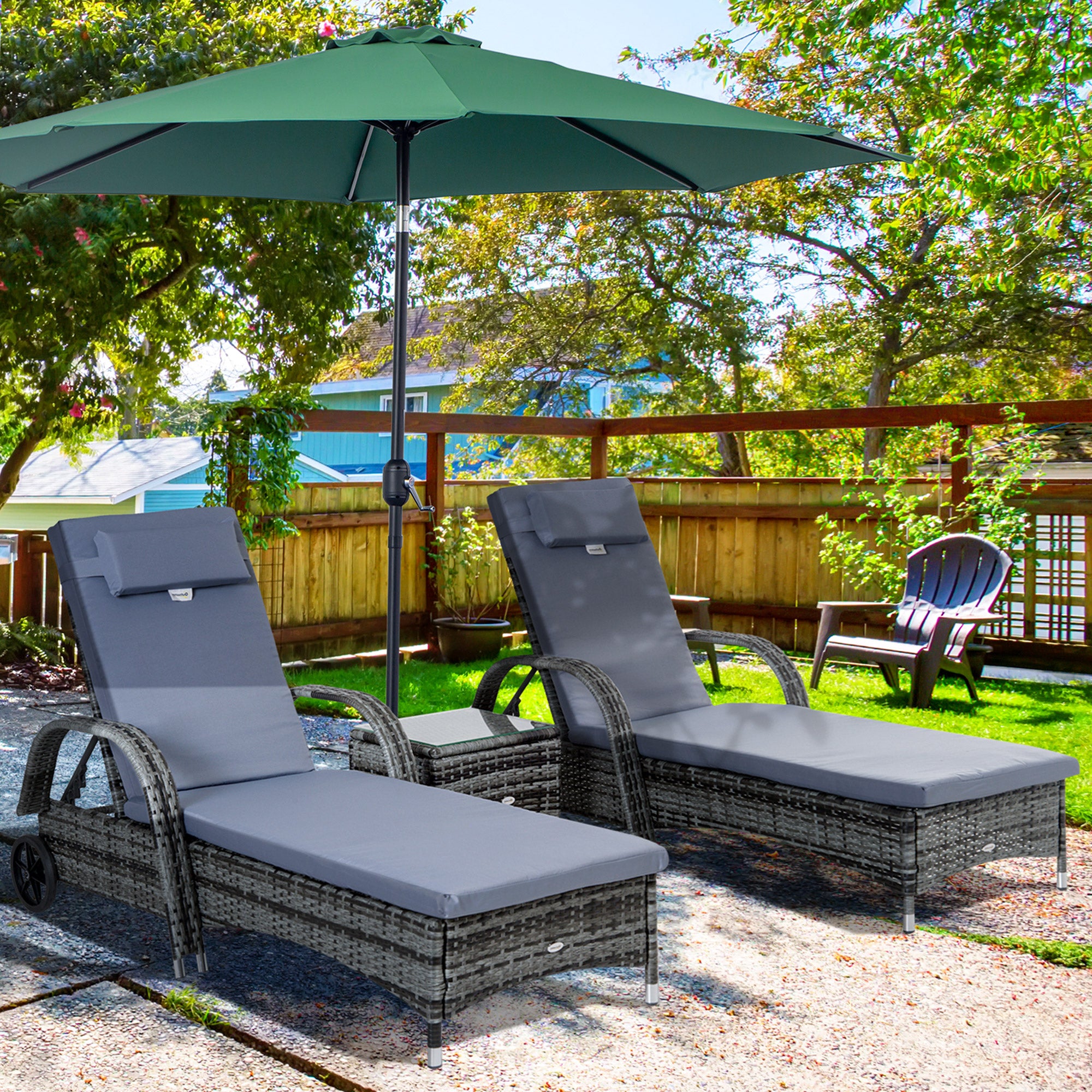 Outsunny 3 Pieces Rattan Sun Loungers, Garden Wicker Wheeling Recliner , PE Rattan Lounge Chairs w/ Cushions & Side Coffee Table Grey 