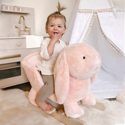 HOMCOM Kids Children Rocking Horse Plush Ride On Rabbit Seat w/ Sound Wood Base Seat Safety Belt Toddler Baby Toy Rocker Pink 18 - 36 Months 
