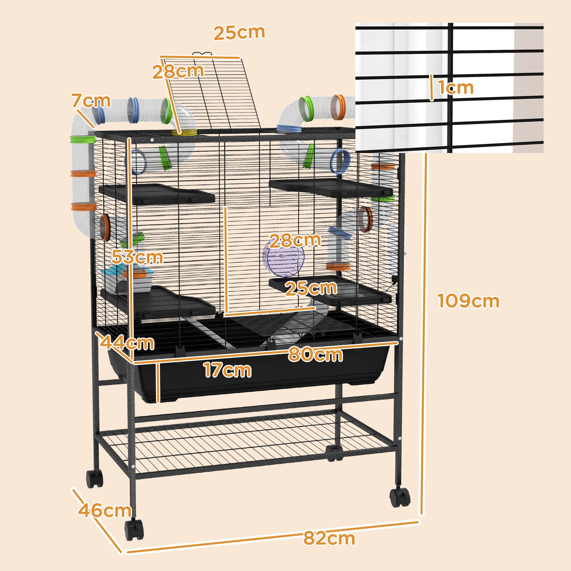 PawHut Large Hamster Cage, Gerbil Cage with Tubes, Storage Shelf, Ramps, Platforms, Running Wheel - Black 