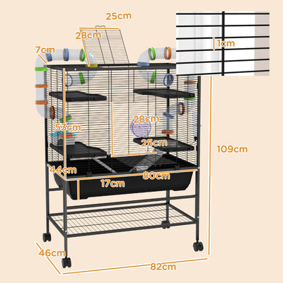 PawHut Large Hamster Cage, Gerbil Cage with Tubes, Storage Shelf, Ramps, Platforms, Running Wheel - Black 