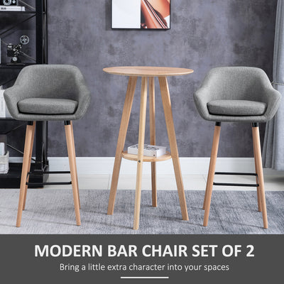 HOMCOM Set of 2 Bar Stools Modern Upholstered Seat Bar Chairs w/ Metal Frame, Solid Wood Legs Living Room Dining Room Fabric Furniture - Grey 