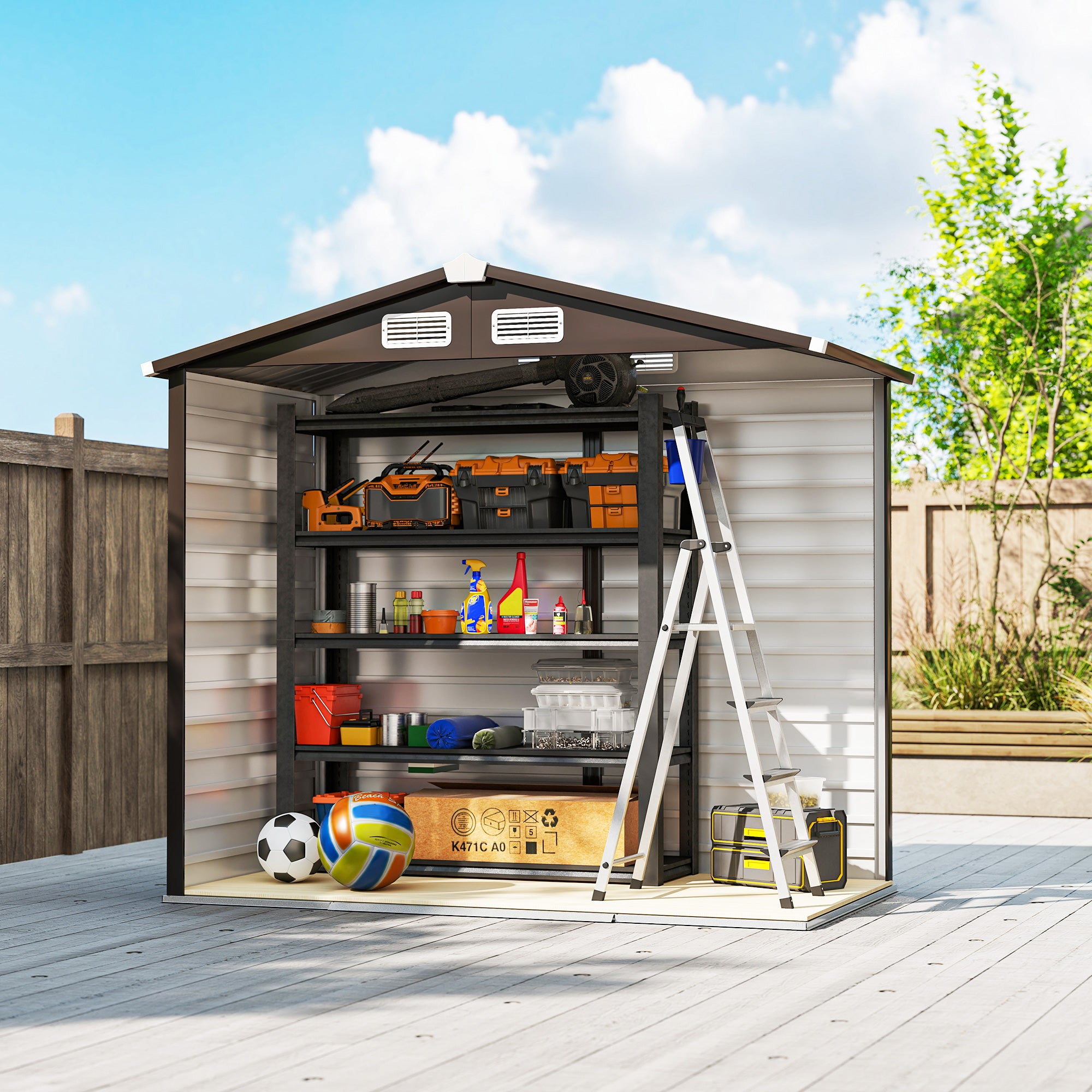 Outsunny 7 x 4ft Garden Shed, Easy to Assemble, Upgraded Galvanised Steel Frame with Foundation Kit, Double Doors with Lock, Outdoor Metal Shed with Vents and Gloves, Garden Storage Shed, Natural