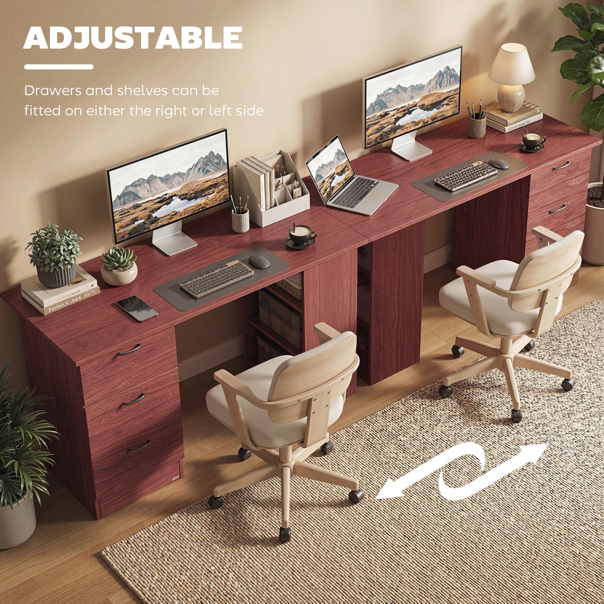 HOMCOM Computer Desk, Writing Table, PC Workstation with 3 Storage Shelves and Drawers, Handle, for Home Office, Walnut Brown 
