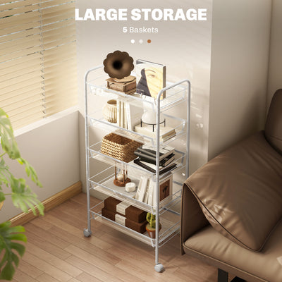 HOMCOM Five-Steel Mesh Basket Storage Trolley, with Wheels - White 