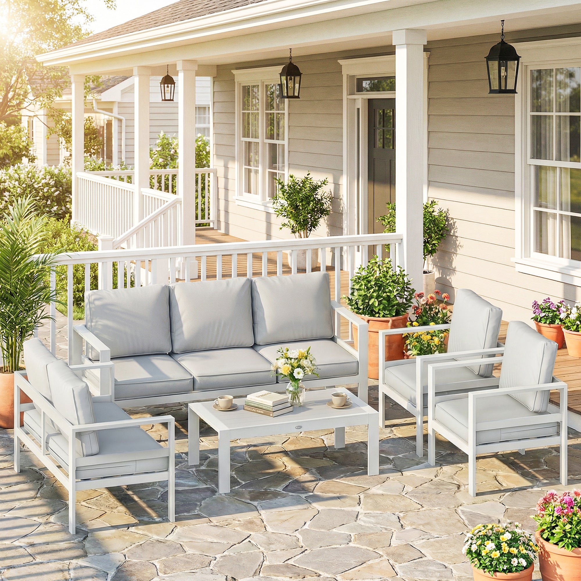 Outsunny 5 Pieces Aluminium Garden Furniture Set with Olefin Cushions, Extra Deep Outdoor Garden Sofa Set, White 