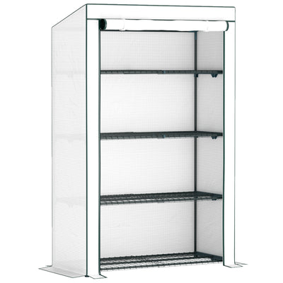 Outsunny 4 Tier Lean-to Mini Greenhouse with Reinforced PE Cover, Portable Small Greenhouse with Roll-Up Door, Green Hemmed Edging, 110 x 50 x 171cm, Green 