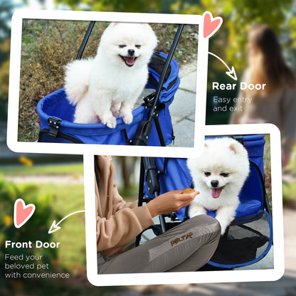PawHut Dog Pram Dog Stroller Foldable Pet Pushchair with 4 Wheels, Safety Leashes, Cup Holder for Small Dogs, Blue 