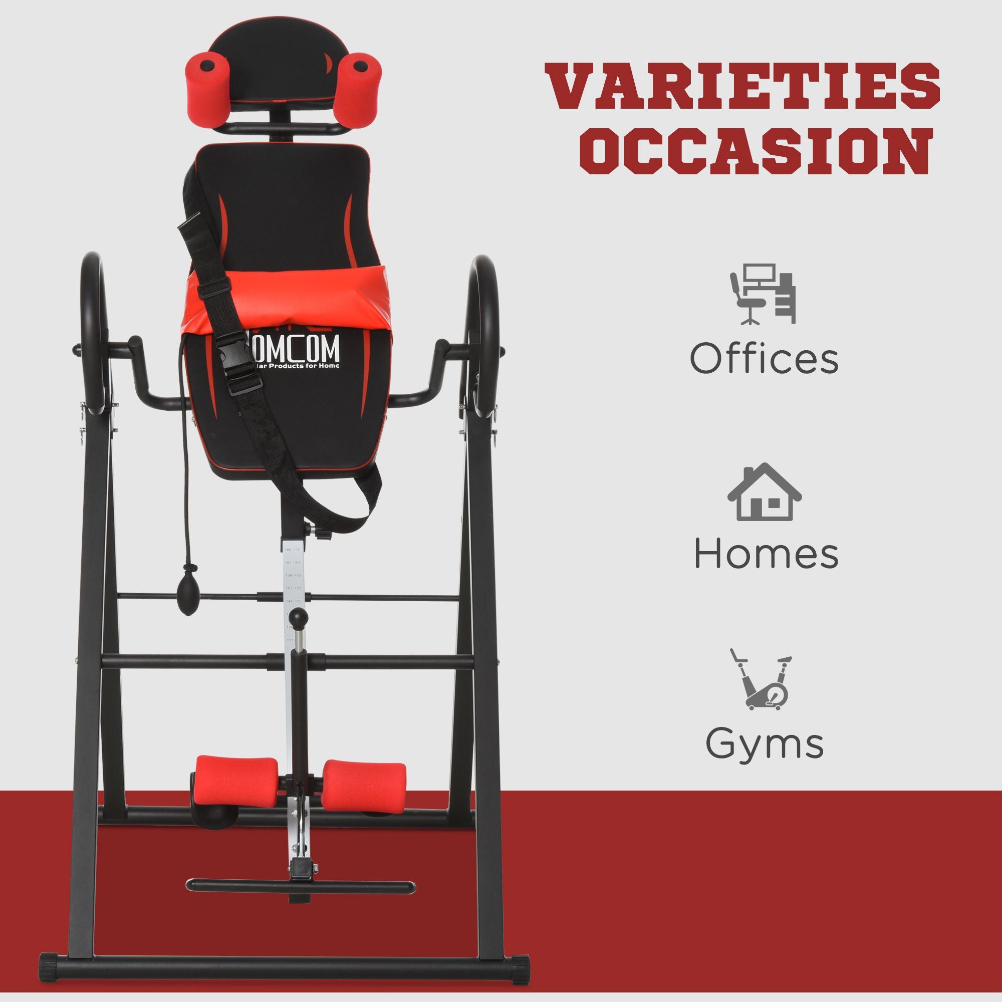 HOMCOM Gravity Inversion Table with Safety Belt Adjustable Hand Stand for Muscle Pain Relief, Red 