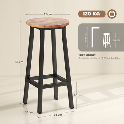 HOMCOM Bar Stools Set of 2 Breakfast Bar Stools with Footrest, Industrial Round, 32 x 32 x 65 cm, Rustic Brown 