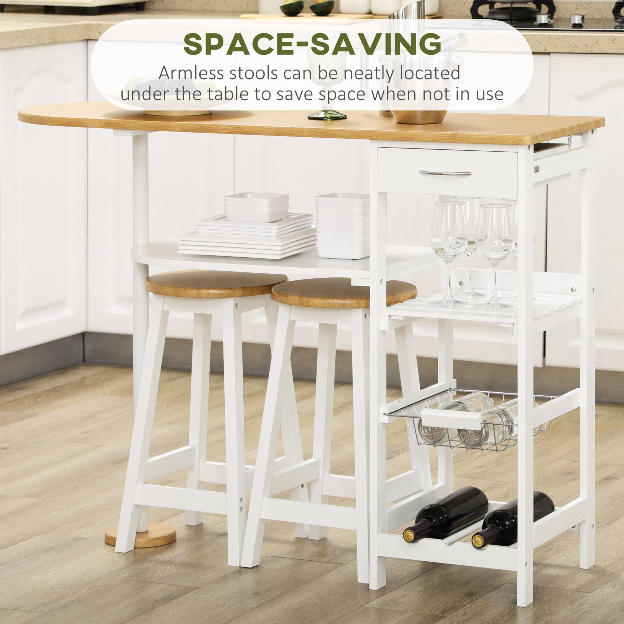 HOMCOM 3 Piece Bar Table Set, Breakfast Bar table and Stools with Storage Shelf, Drawer, Wire Basket and Wine Rack for Kitchen, Home Bar, Natural and White 