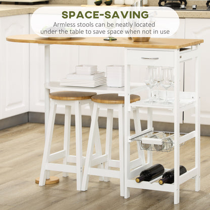 HOMCOM 3 Piece Bar Table Set, Breakfast Bar table and Stools with Storage Shelf, Drawer, Wire Basket and Wine Rack for Kitchen, Home Bar, Natural and White 