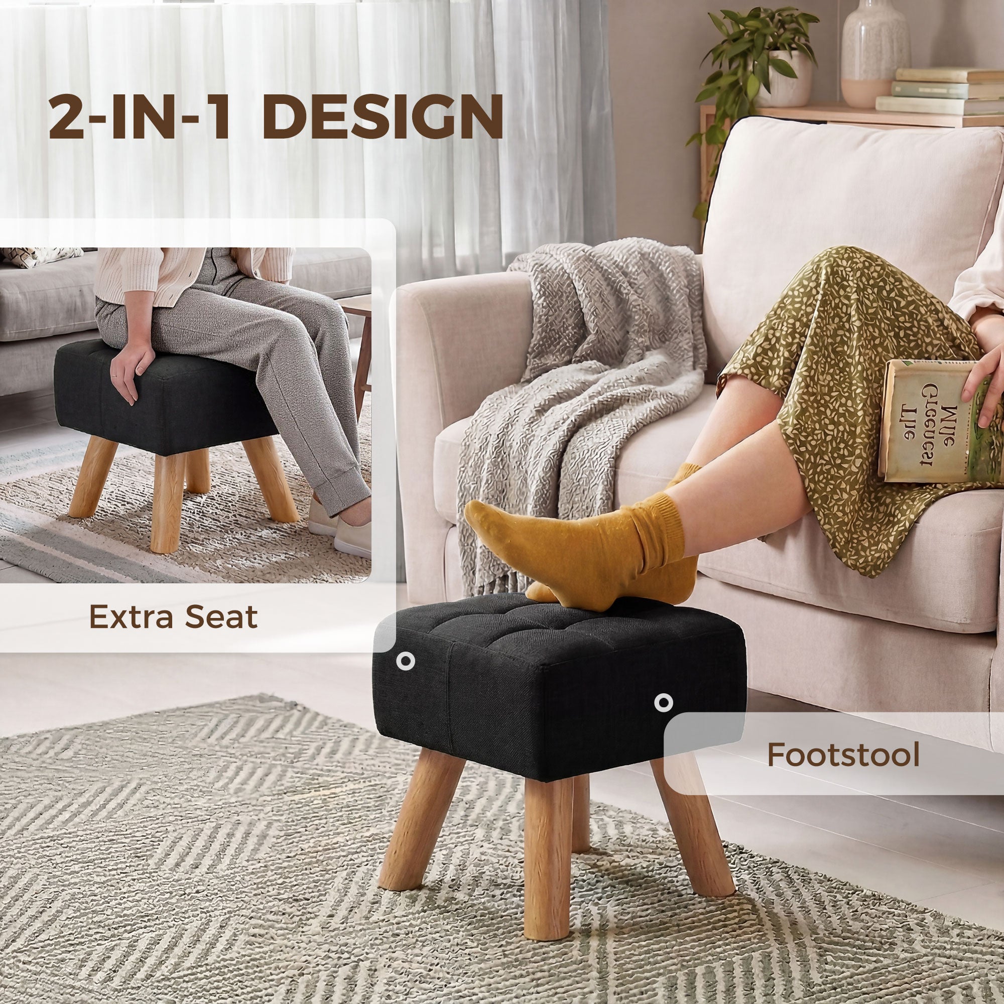 HOMCOM Linen-Look Square Padded Footstool - Black 