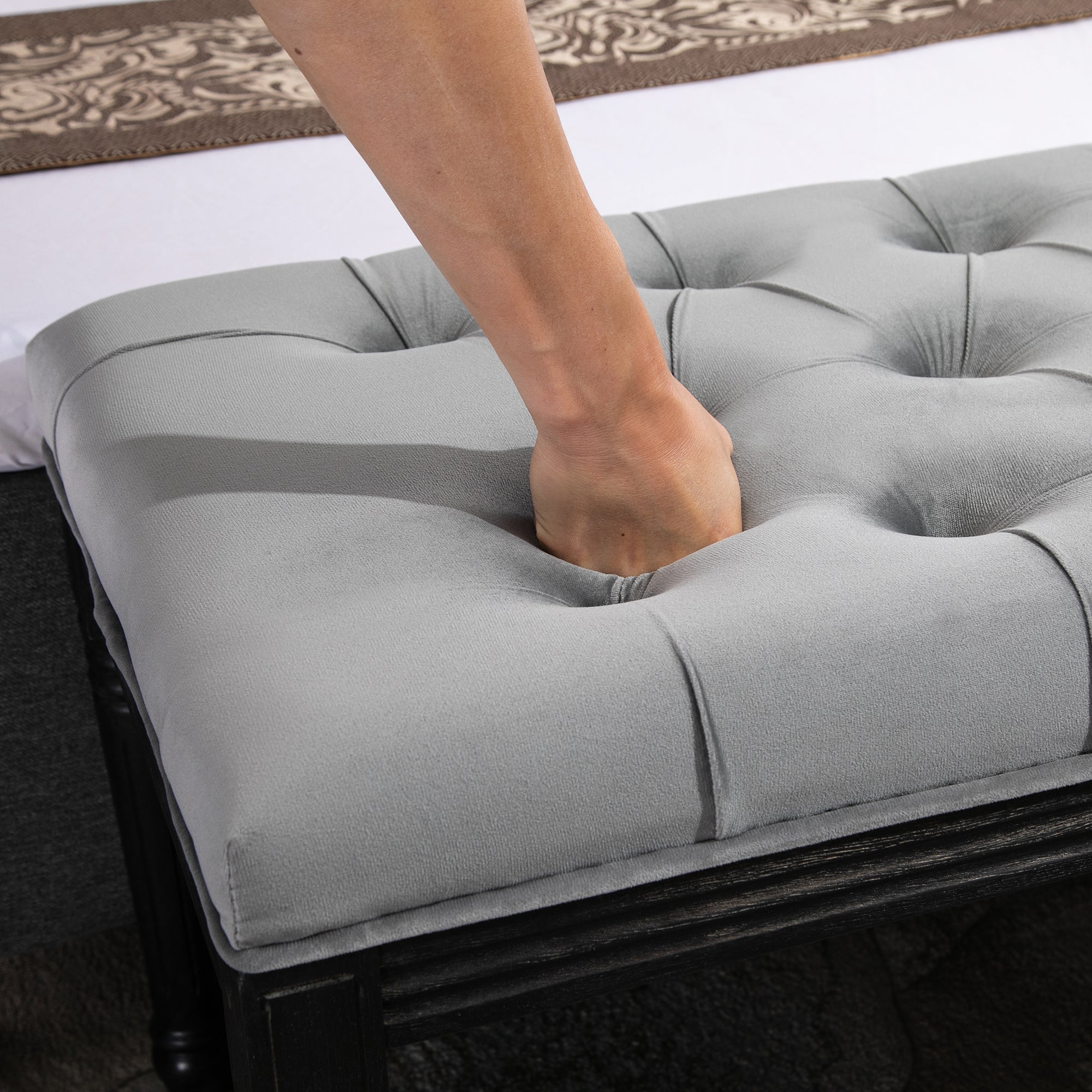 HOMCOM Fabric Bed End Bench Side Chaise Lounge Sofa Velvet Upholstered Tufted Accent Window Seat for Bedroom, Living Room, Hallway, Grey 