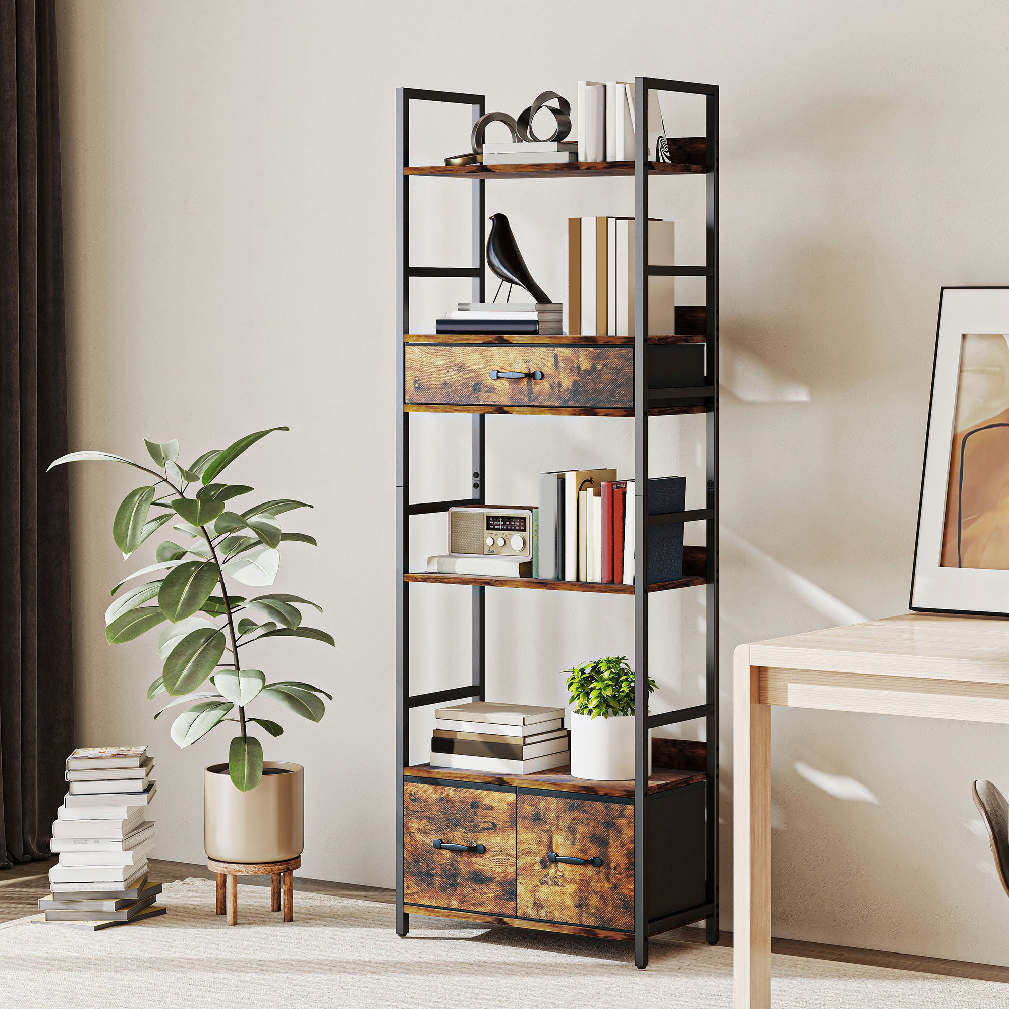 HOMCOM Industrial Style Bookcase, with 4 Shelves and 3 Fabric Drawers - Brown/Black 