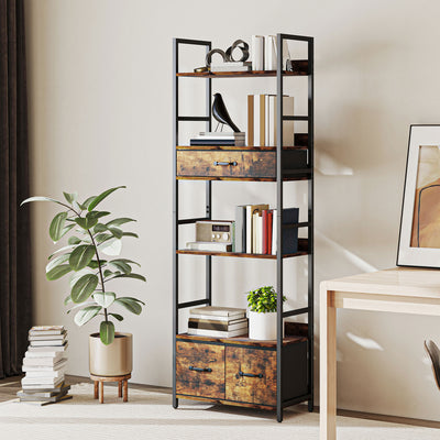 HOMCOM Industrial Style Bookcase, with 4 Shelves and 3 Fabric Drawers - Brown/Black 