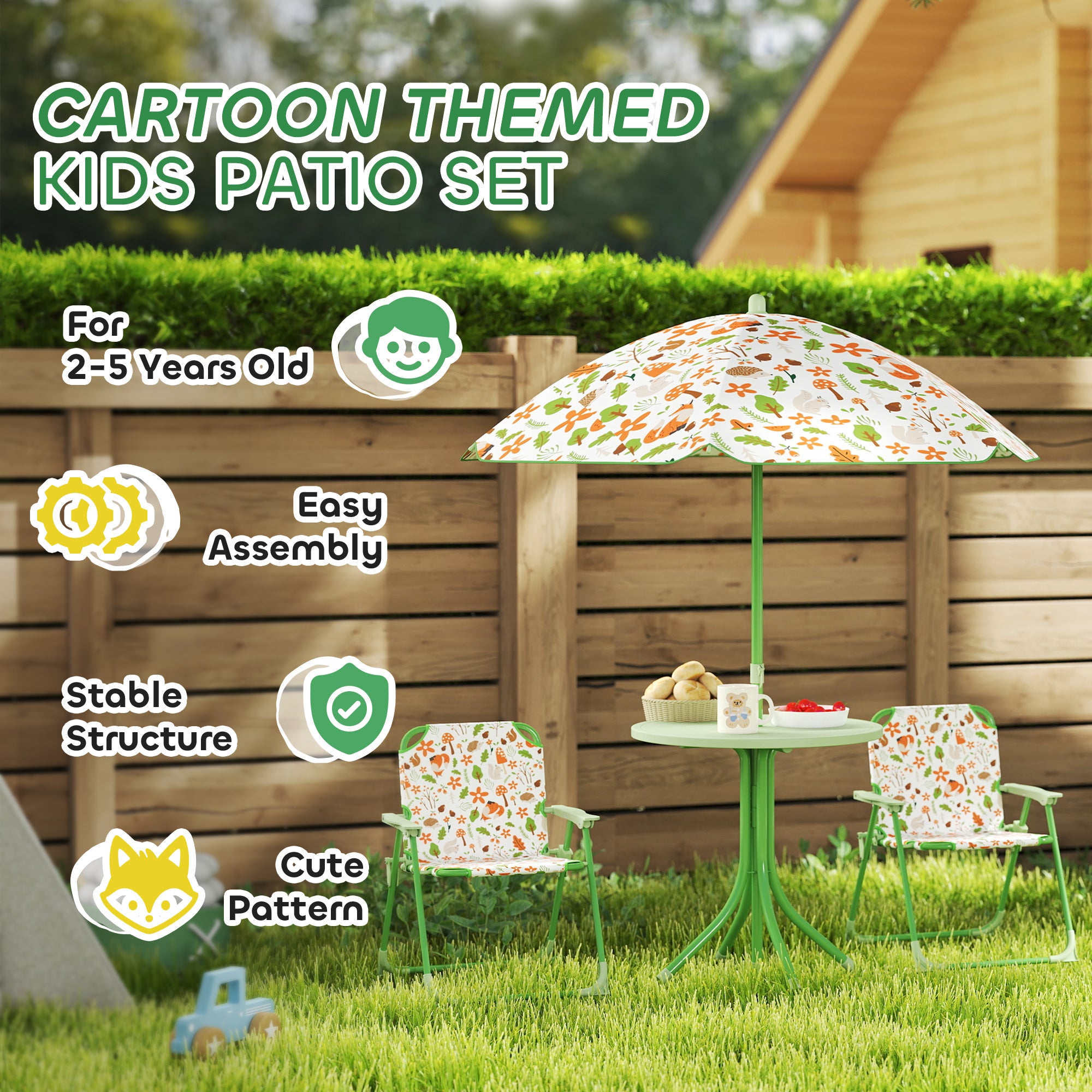 AIYAPLAY 4 Pieces Kids Garden Table and Chair Set with Adjustable Parasol, Folding Chairs, Table, Fox Pattern, Green