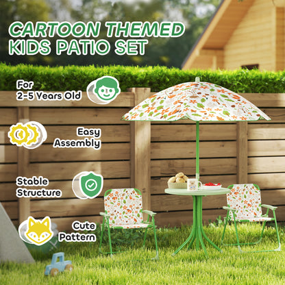 AIYAPLAY 4 Pieces Kids Garden Table and Chair Set with Adjustable Parasol, Folding Chairs, Table, Fox Pattern, Green