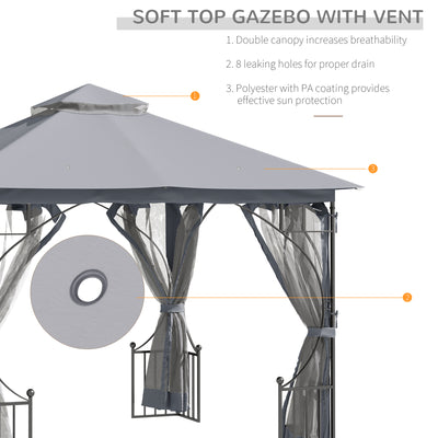 Outsunny 3 x 3(m) Garden Gazebo Patio Party Tent Shelter Outdoor Canopy Double Tier Sun Shade Metal Frame Netting, Light Grey 