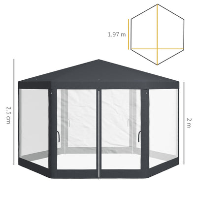 Outsunny 4M Hexagon Gazebo, Netting Party Tent, Patio Canopy Outdoor Event Shelter for Activities, Shade Resistant, Dark Grey 