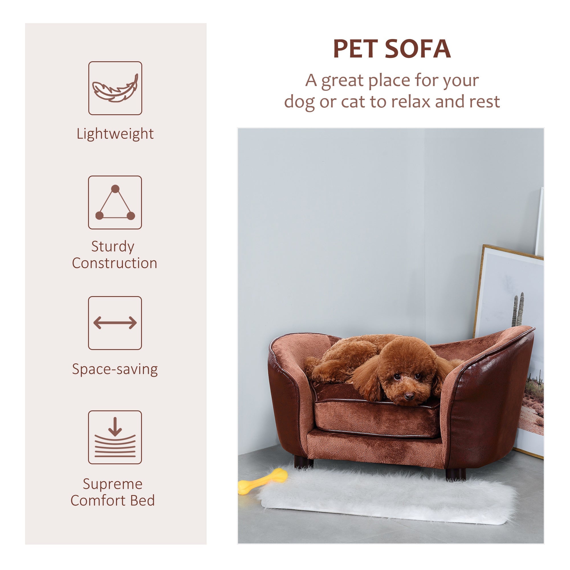 PawHut Dog Sofa Chair with Legs, Pet Couch with Soft Cushion for Extra Small Dogs Cats, Brown, 68.5 x 40.5 x 40.5 cm 