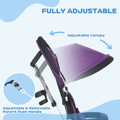HOMCOM 6 in 1 Kids Trike Push Bike w/ Push Handle, Canopy, 5-point Safety Belt, Storage, Footrest, Brake, for 1-5 Years, Purple 