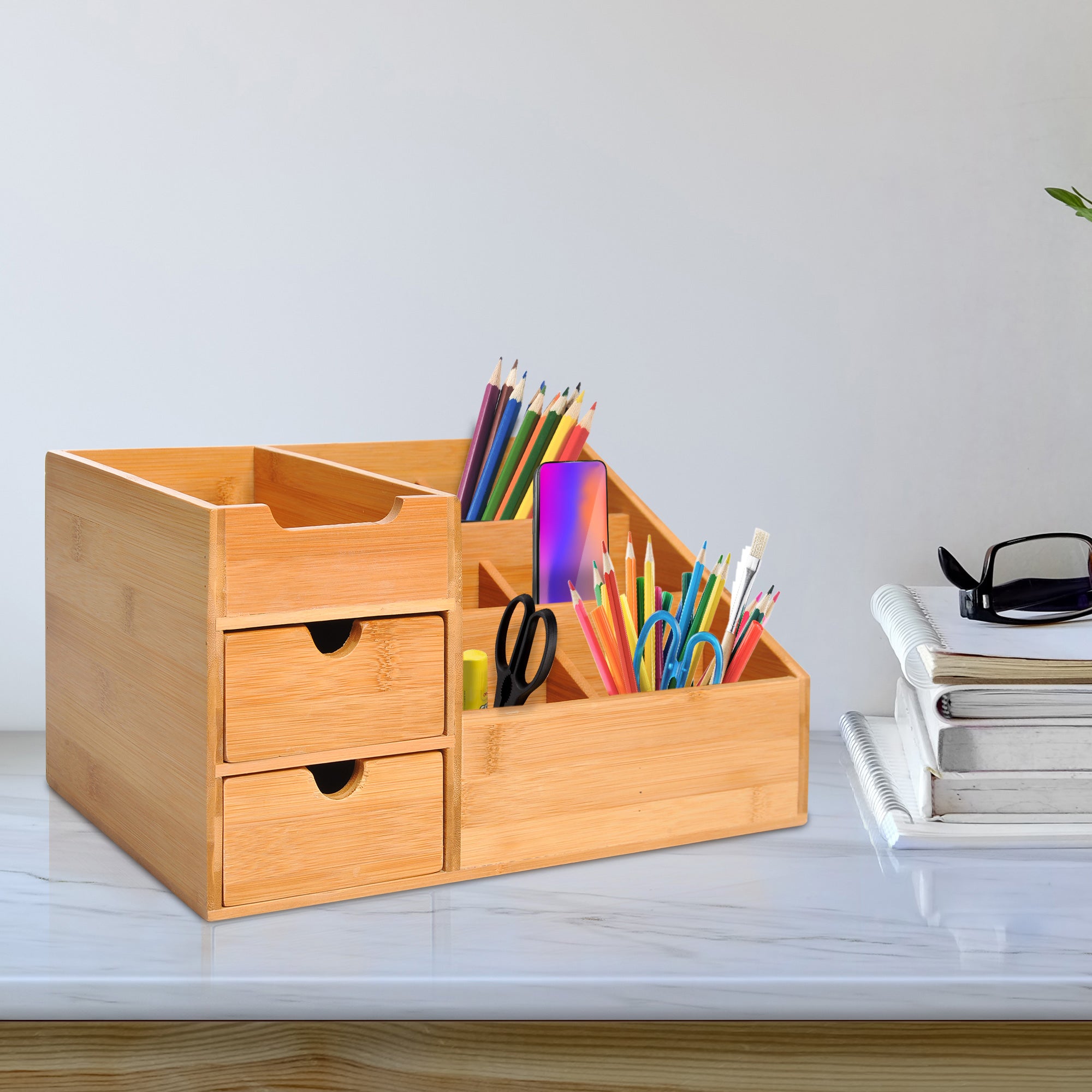 HOMCOM Desk Organiser Holder, Bamboo Multi-Function Storage Caddy with 7 Storage Compartments and 2 Drawers for Home Office Stationary Supplies, Natural Bamboo 