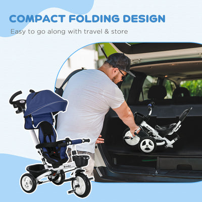 HOMCOM Metal Frame 6 in 1 Baby Push Tricycle with Parent Handle for 1-5 Years Old, Dark Blue 