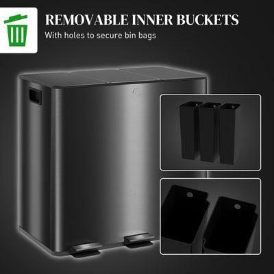 HOMCOM 3 x 15L Pedal Bin, Steel Triple Kitchen Bin with Soft Close Lid, Removable Inner Buckets, Fingerprint-Proof, Black 