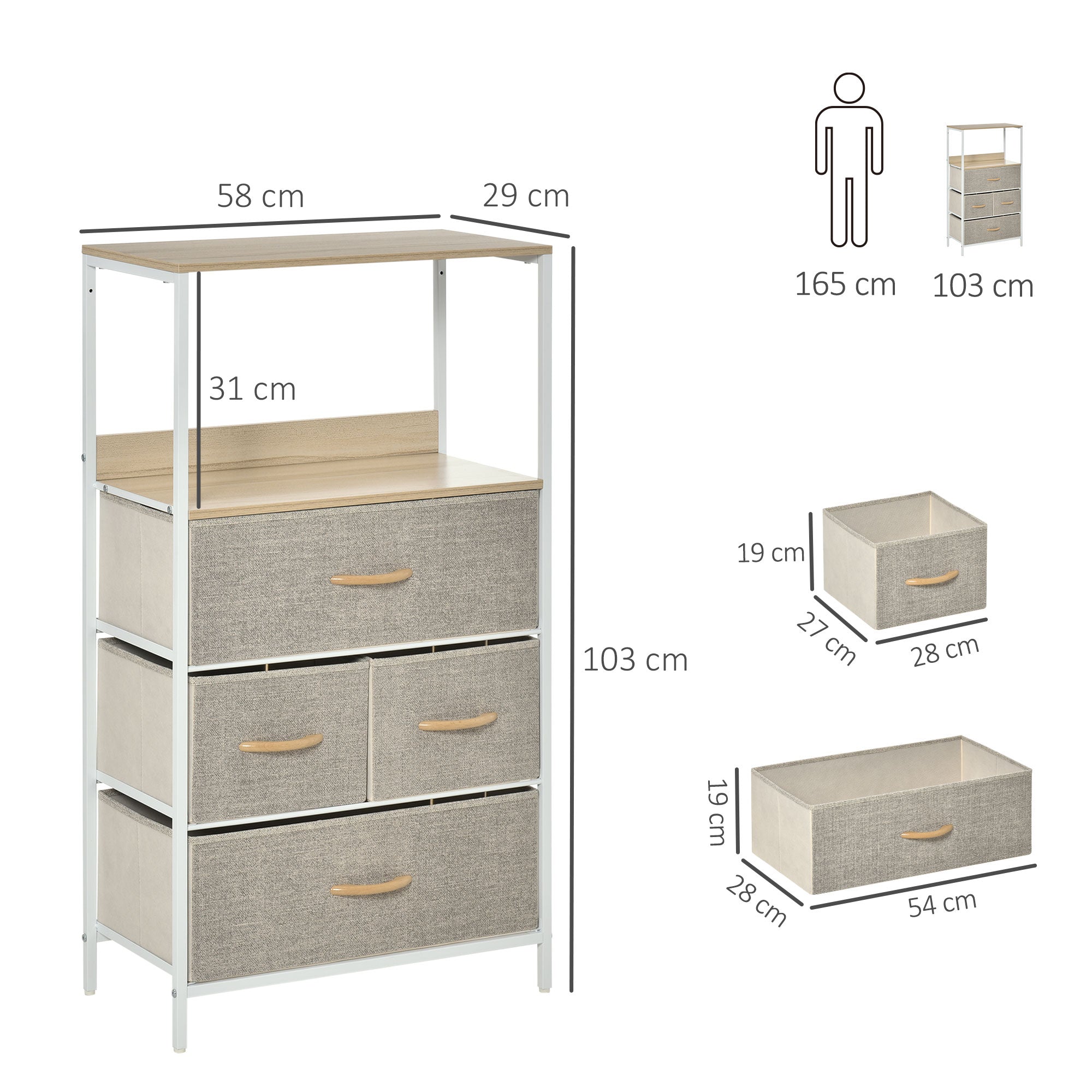 HOMCOM 4 Drawer Storage Chest Unit Home Cabinet w/ Shelves Home Living Room Bedroom Entryway Living Furniture, Light Grey 