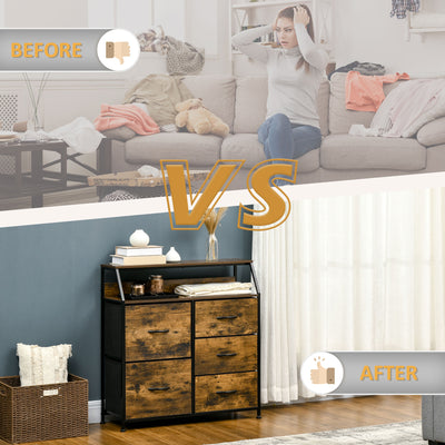 HOMCOM Bedroom Chest of Drawers, Industrial 5 Fabric Drawer Dresser with Open Shelf for Living Room, Rustic Brown 