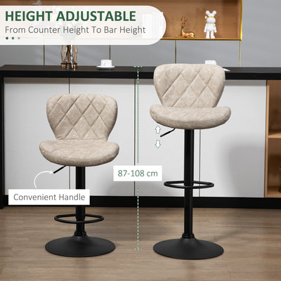 HOMCOM Bar Stools, Set of 2 Breakfast Bar Chairs, Swivel Barstools with Backrest and Footrest, Steel Frame Diamond Pattern PU, for Kitchen Counter, Dining Room, Light Khaki 