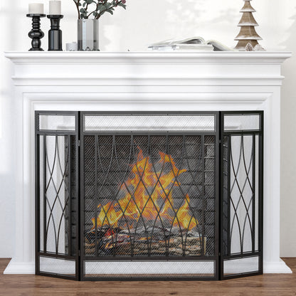 HOMCOM 126cm 3-Panel Metal Folding Fireplace Screen Heat Flame Protective Guard Child Pet Home Spark Barrier Surround w/ Mesh Pattern 